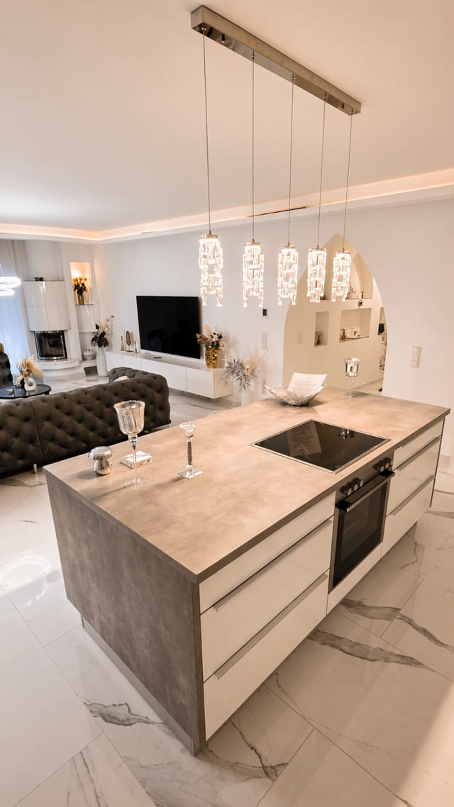 Designer-Küche mit Kücheninsel und Blick in den Wohnbereich